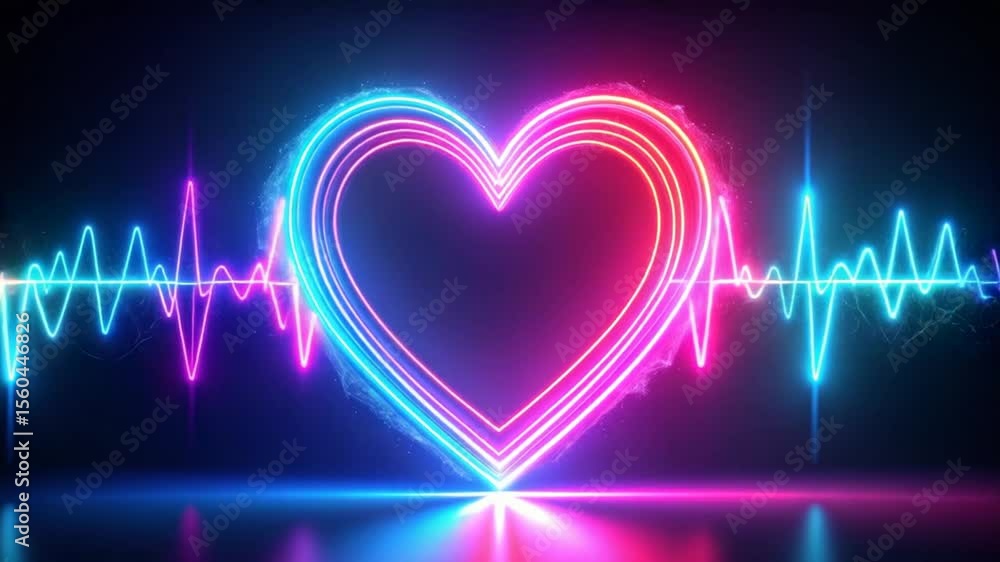 Neon heart with glowing heartbeat lines Neon heart with glowing heartbeat lines