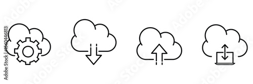 Cloud upload download setting data sync storage transfer computing symbol icon vector illustration line art digital network communication.