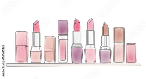 Elegant lipstick set on shelf, one line doodle with watercolor fill, vector for beauty shop or salon