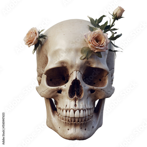 Skull Adorned with Roses. A Memento Mori with a Touch of Floral Beauty, CloseUp