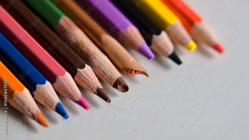 Obraz premium Colorful Sharpened and Broken Colored Pencils on White Surface