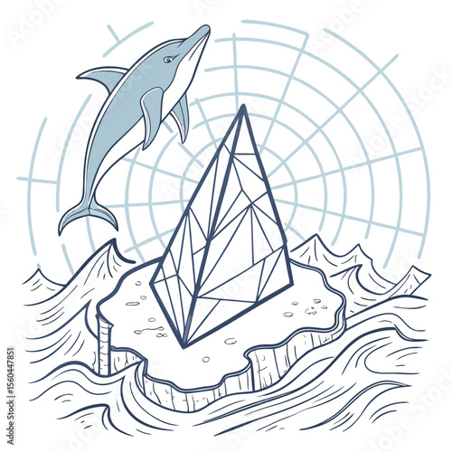 Illustration of a dolphin jumping over a geometric pyramid on an iceberg surrounded by ocean waves