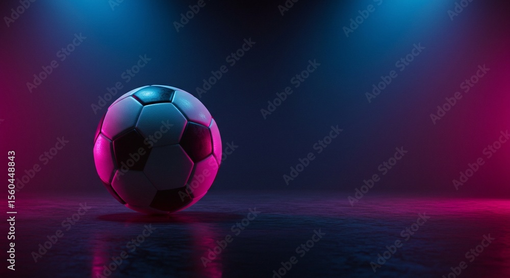 Fototapeta premium A soccer ball sits illuminated by neon pink and blue lights against a dark reflective surface.