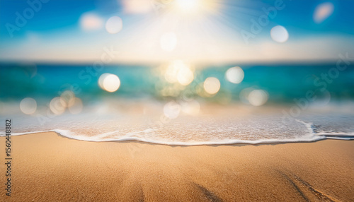 tropical summer sandy beach focus area and bokeh sun light on blurry sea background summer time concept background