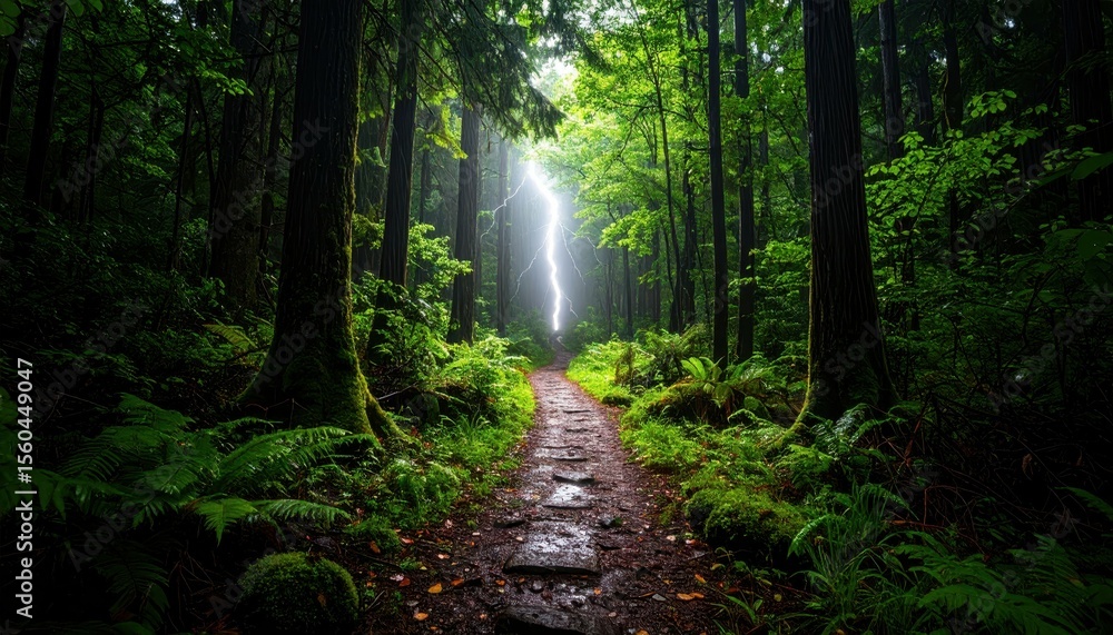 Obraz premium Dramatic Lightning Strike Illuminates a Soaked Forest Trail
