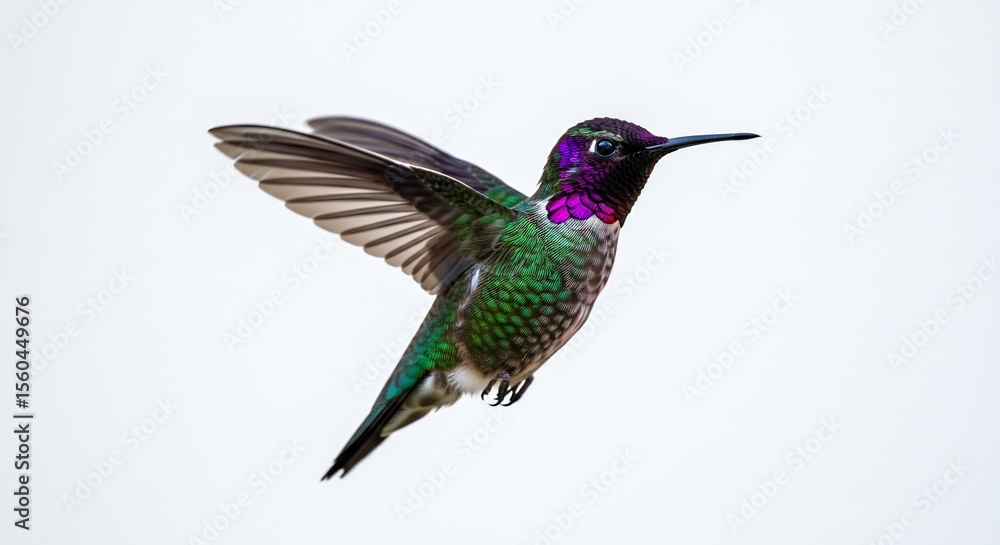 Obraz premium Colibri voltigeant plumes vertes lumiere douce fond blanc. AI Generated