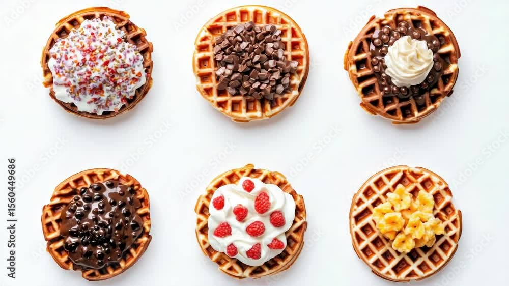 Freshly baked waffles with various toppings on a clean white surface, perfect for food styling or advertising Freshly baked waffles with various toppings on a clean white surface, perfect for food styling or advertising