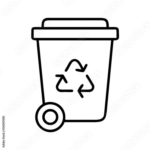 Trash can with wheels featuring recycling symbol in simple line design  