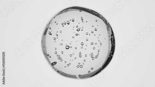 Close-up of a floating bubble with suspended water droplets and internal air pockets on a white backdrop. Ideal for clean product visuals, science-based content, or organic product presentations