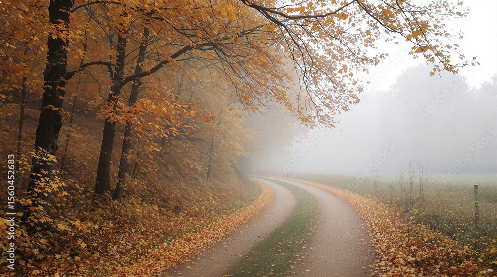 Obraz premium A winding country road in autumnal fog.
