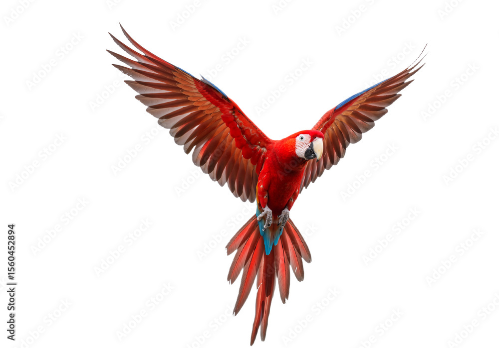 Obraz premium Vibrant Macaw Parrot in Flight with Colorful Feathers Against White Background, Symbolizing Freedom and Tropical Energy PNG