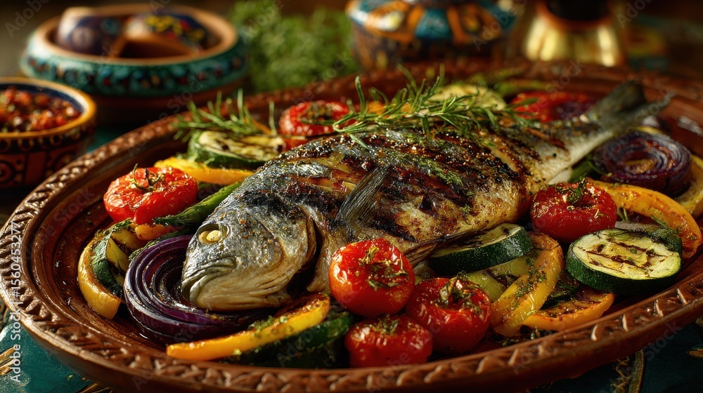 Grilled dorado fish with roasted vegetables including asparagus and red cabbage in rustic tray Grilled dorado fish with roasted vegetables including asparagus and red cabbage in rustic tray