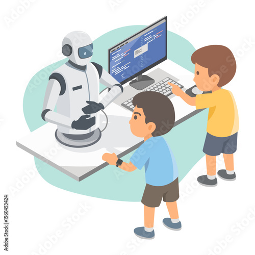 Children interacting with a humanoid robot while learning programming and coding at a computer desk in a modern educational environment