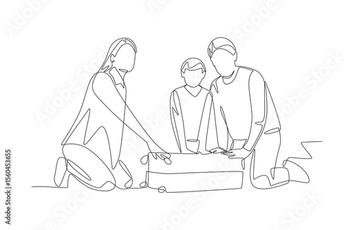 Packing for family travel concept one-line drawing