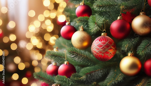 christmas tree close up with red and gold ornaments