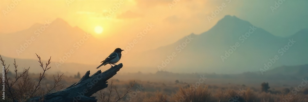 Fototapeta premium Lone Bird on Branch, Vast Mountain Landscape Solitude and Isolation in Nature