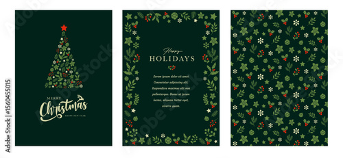 Christmas card with tree, reindeer, ornate floral frames, background and text space. Universal artistic templates.