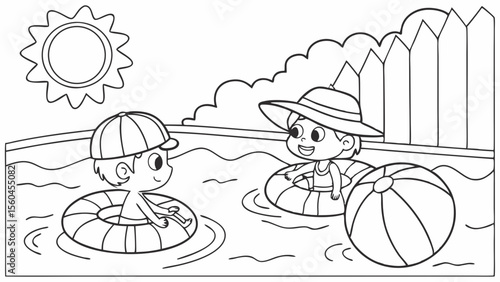 Line art coloring page, summer theme, children playing in a swimming pool with inflatable toys, sun, clear water, simple lines, no shading, black and white