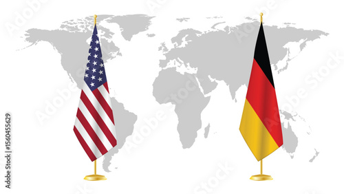 USA and Germany stand flags on world map background. Symbolic of diplomatic relations, unity, and transatlantic partnership. 3D rendered international concept design.