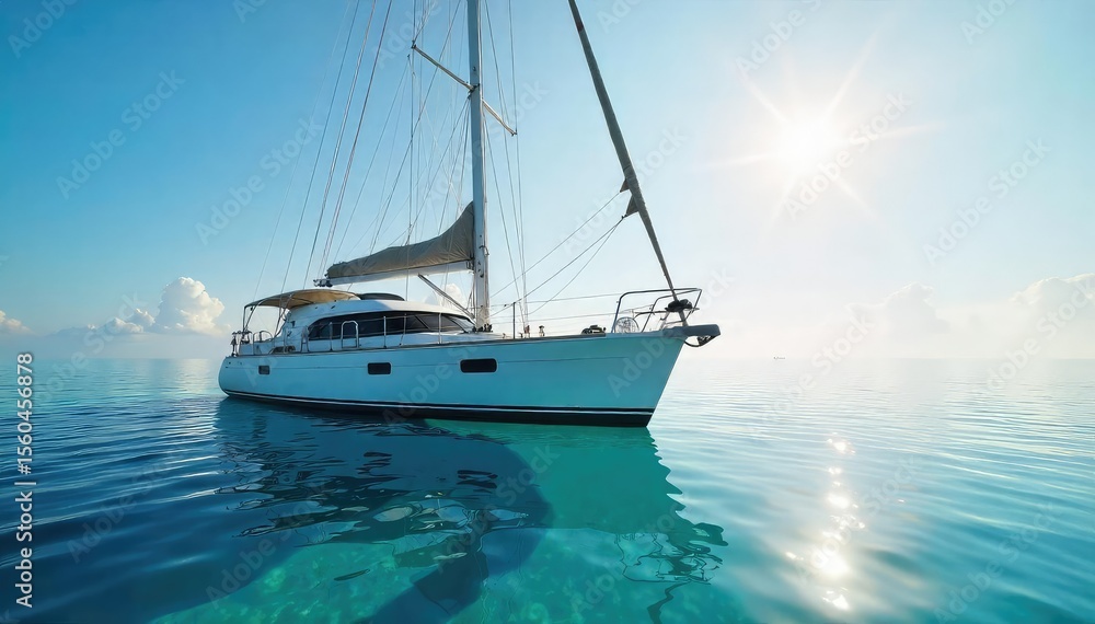 Tranquil Yacht at Anchor A Sun-Drenched Sailboat Gently Rocking in a Calm Bay, Perfect for Summer Travel and Nautical Themes Tranquil Yacht at Anchor A Sun-Drenched Sailboat Gently Rocking in a Calm Bay, Perfect for Summer Travel and Nautical Themes