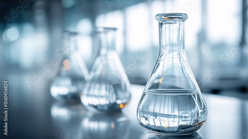 Laboratory Erlenmeyer Flasks with Liquid on a Table