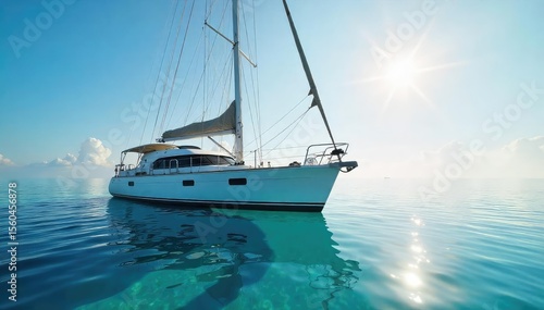 Tranquil Yacht at Anchor A Sun-Drenched Sailboat Gently Rocking in a Calm Bay, Perfect for Summer Travel and Nautical Themes