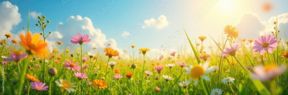 Fototapeta premium Sun-Drenched Wildflowers Gently Swaying in a Summer Breeze Serenity, Peace, and Joyful Nature
