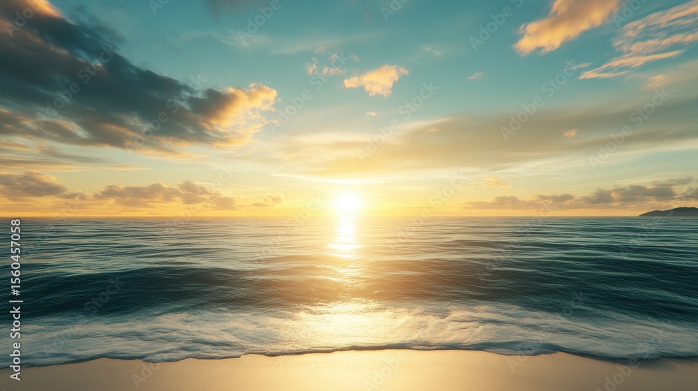 Fototapeta premium A peaceful sunrise over the ocean, with gentle waves washing onto a sandy beach under a partly cloudy sky.