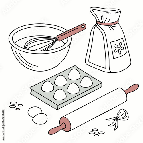 Line art illustration of baking ingredients ready to create delicious baked goods