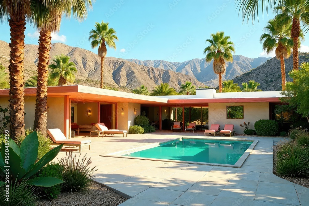 Fototapeta premium Mid-Century Modern Palm Springs Home Tranquil Desert Oasis Bathed in California Sunshine