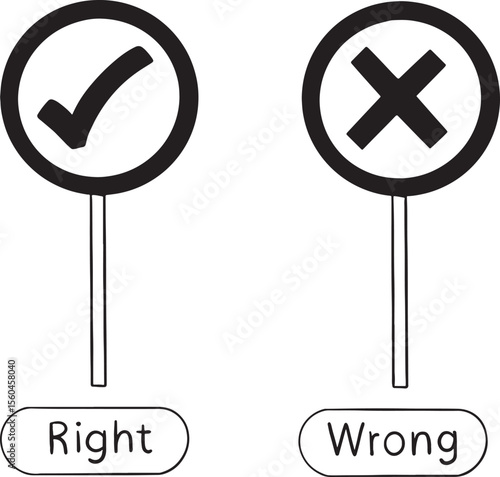 Monochrome, hand-drawn illustration presenting two signs: a "Right" sign with a checkmark and a "Wrong" sign with an "X" mark, both displayed on poles. This clear and concise graphic set.