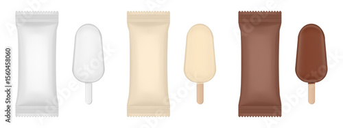 Set of white, vanilla cream and chocolate brown flow packs. Popsicle ice cream wrapper. Foil bag. Realistic vector mockup	