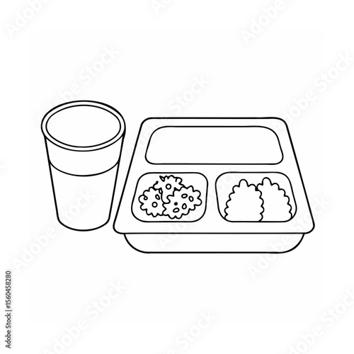 Handdrawn of a school lunch tray with food a cup on a outline