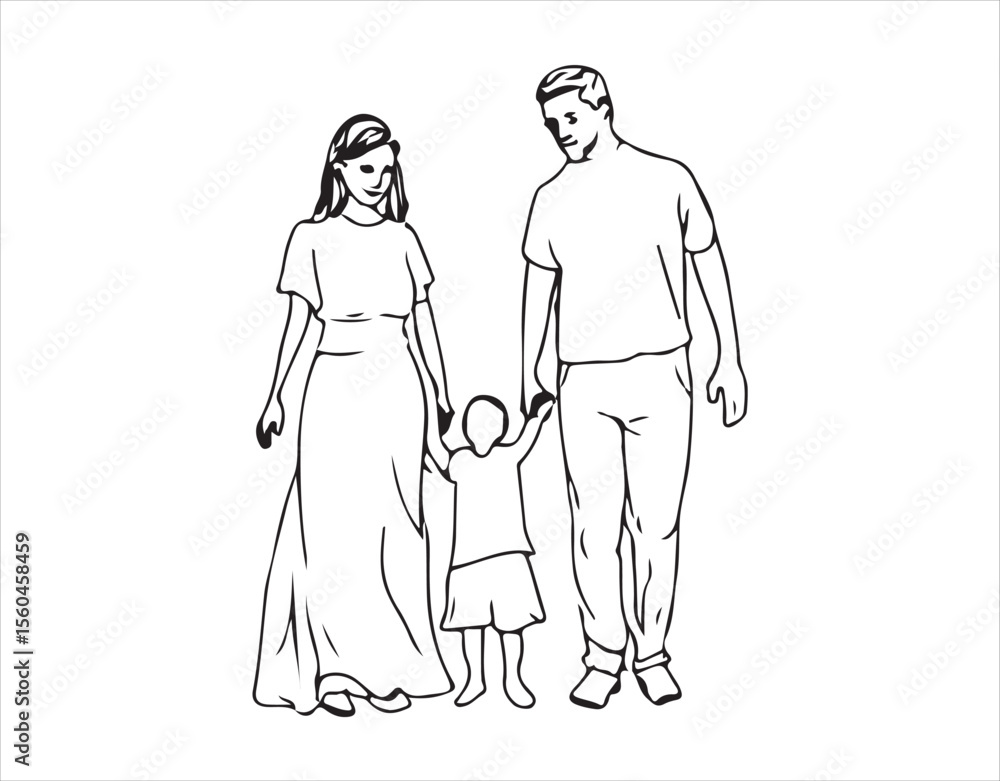 Fototapeta premium family illustrated in a continuous line art style. The front view captures parents and their child walking hand in hand, presented as a black linear sketch on a white background.. vector illustration