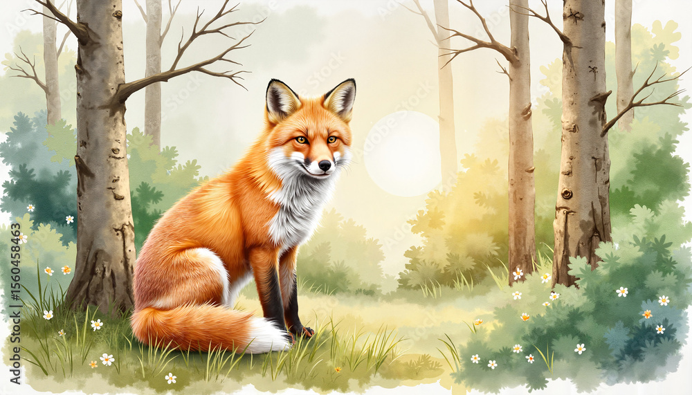 Obraz premium Red fox sitting in a forest clearing during sunrise with foliage 