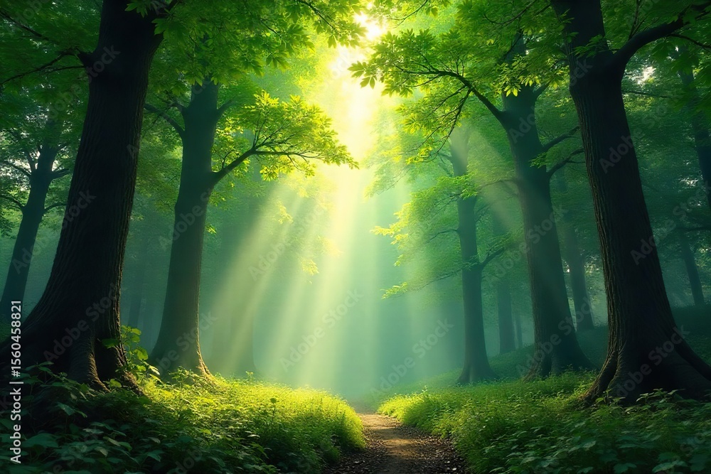 Obraz premium Magical Forest Canopy Sunbeams Dance Through Leaves, Creating a Tranquil Summer Scene Perfect for Nature Documentaries and Calming Backgrounds