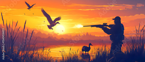 A hunter aims at flying ducks during a vibrant sunset in a scenic landscape, a powerful wildlife hunting scene near the tranquil lake.