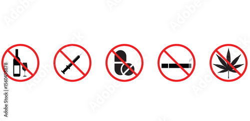 Say no to drugs. Set of drugs prohibiting icons vector.