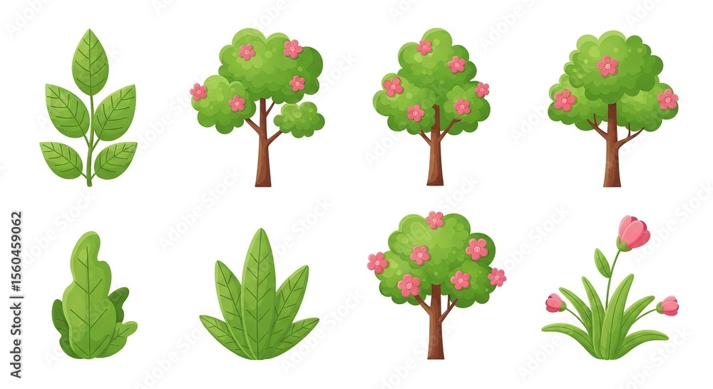 Fototapeta premium Green Leaf and Flowering Tree Cartoon Icons with Pink Flowers and Tulip Plant