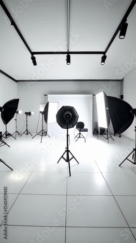 Bright photography studio with white backdrop, softboxes, and umbrellas on tripods for commercial and editorial shoots, clean tile floors