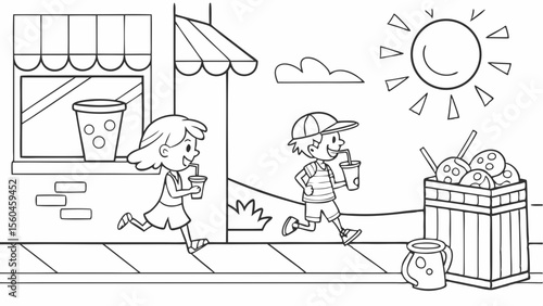 Line art coloring page, summer theme, kids having a lemonade stand on a sunny street, pitcher of lemonade, cups, happy customers, simple lines, no shading, black and white