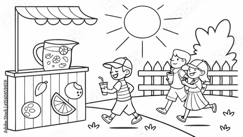 Line art coloring page, summer theme, kids having a lemonade stand on a sunny street, pitcher of lemonade, cups, happy customers, simple lines, no shading, black and white