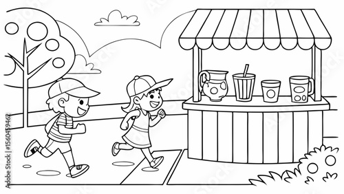Line art coloring page, summer theme, kids having a lemonade stand on a sunny street, pitcher of lemonade, cups, happy customers, simple lines, no shading, black and white
