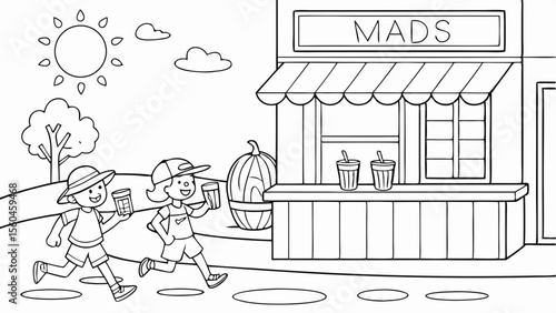 Line art coloring page, summer theme, kids having a lemonade stand on a sunny street, pitcher of lemonade, cups, happy customers, simple lines, no shading, black and white
