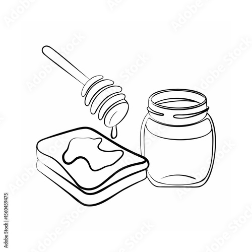 Handdrawn of honey dipper dripping honey onto toast with jar of honey on bread