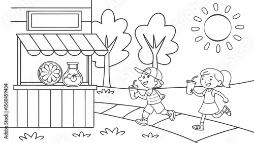 Line art coloring page, summer theme, kids having a lemonade stand on a sunny street, pitcher of lemonade, cups, happy customers, simple lines, no shading, black and white