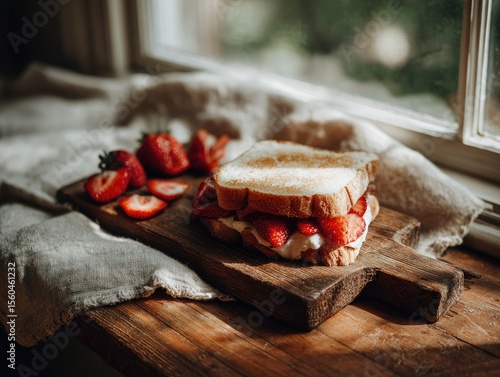Japanese fruit sando placed on a rustic wooden serving board