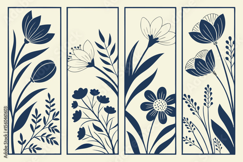 Set of four minimalist floral illustrations in dark blue on a cream background
