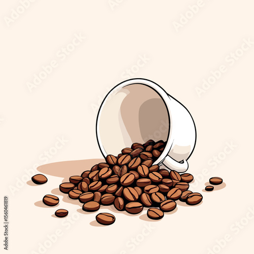 Vsai white coffee cup lying down pouring coffee beans