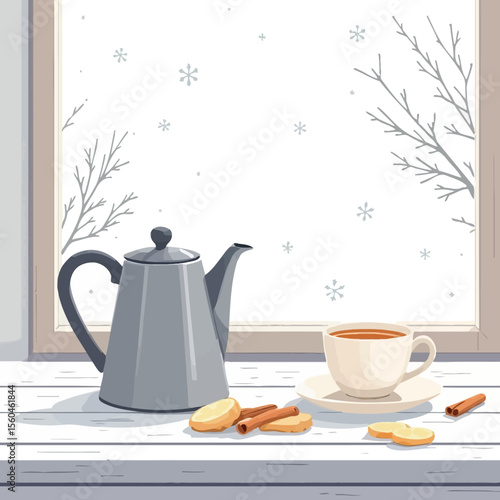 Vsai teacup, teapot and spices on window sill during snowfall